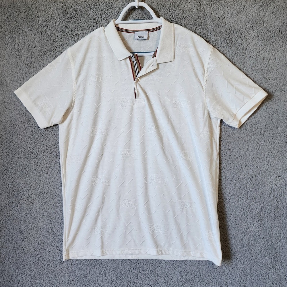 Burberry Polo Shirt Mens XXL White Jacquard Equestrian Knight‎ Icon Stripe Trim